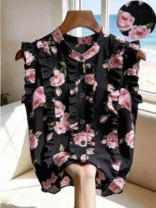 Franclia Women's Floral Print Ruffle Trim Vacation Blouse - Pink - View 2