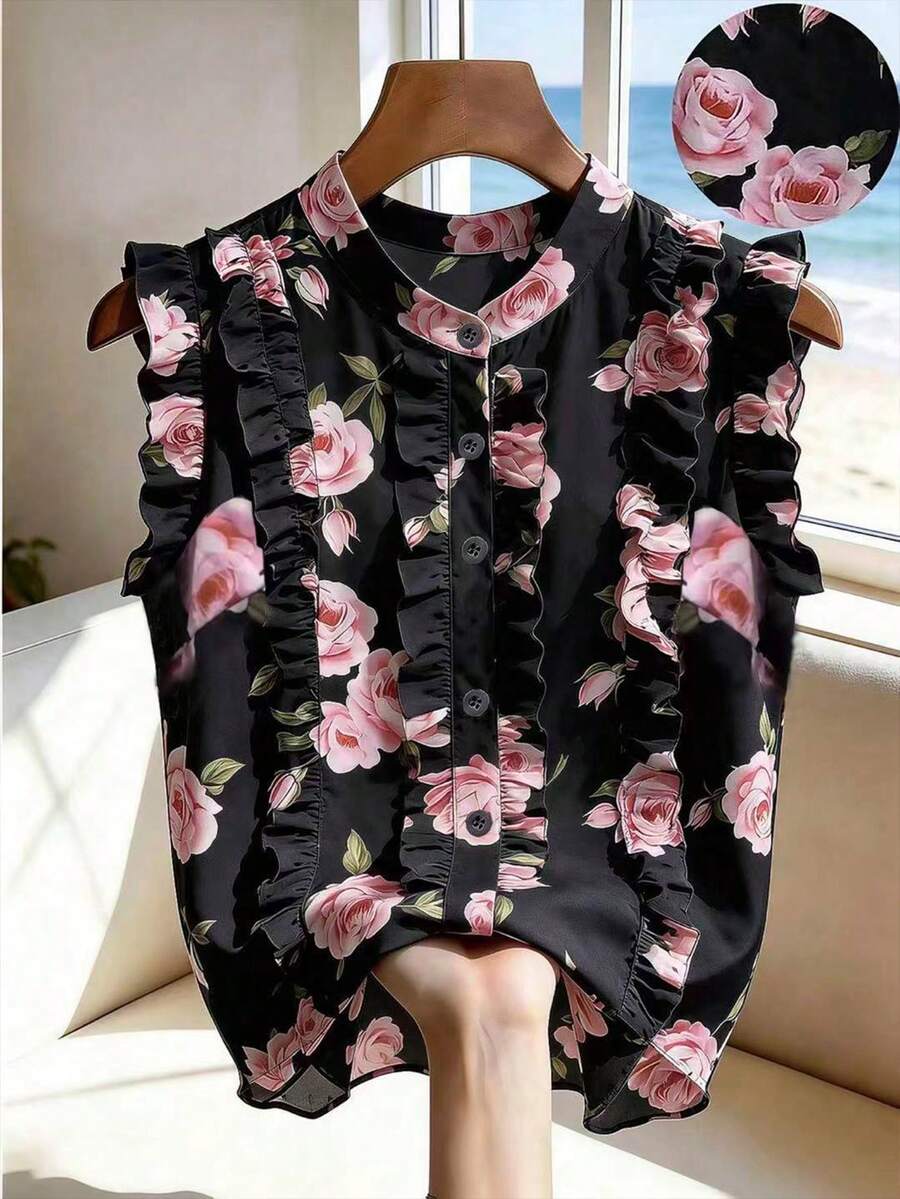 Franclia Women's Floral Print Ruffle Trim Vacation Blouse