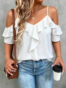 Linhara CURVE Plus Size Black Cold Shoulder Ruffle Top - Sexy Spaghetti Strap V-Neck Ruffle Trim Short Blouse, Designed For Curvy Women - White - View 1