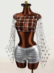 Mistrie Women's Sexy Techno Party Club Rave Top, Women's Rhinestone Party Top Silver Summer - Silver - View 7