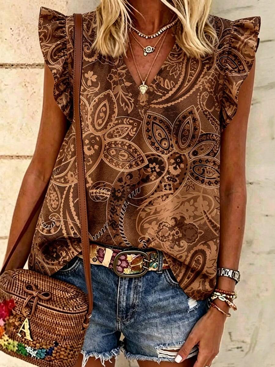 SHEIN LUNE Women's Floral Print V-Neck Short Flutter Sleeve Blouse - Multicolor - View 1