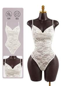 SaltGleam SaltGleam Spring Summer New White Floral Lace Ruffle Neckline Camisole Bodysuit Spaghetti Strap Top French Minimalist Romantic Sexy Night Out Going Out Party - Apricot - View 1