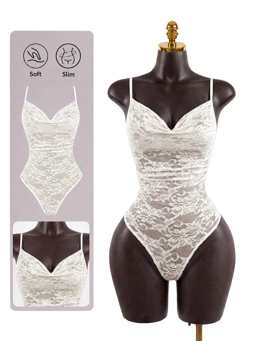 SaltGleam SaltGleam Spring Summer New White Floral Lace Ruffle Neckline Camisole Bodysuit Spaghetti Strap Top French Minimalist Romantic Sexy Night Out Going Out Party - Apricot - View 1