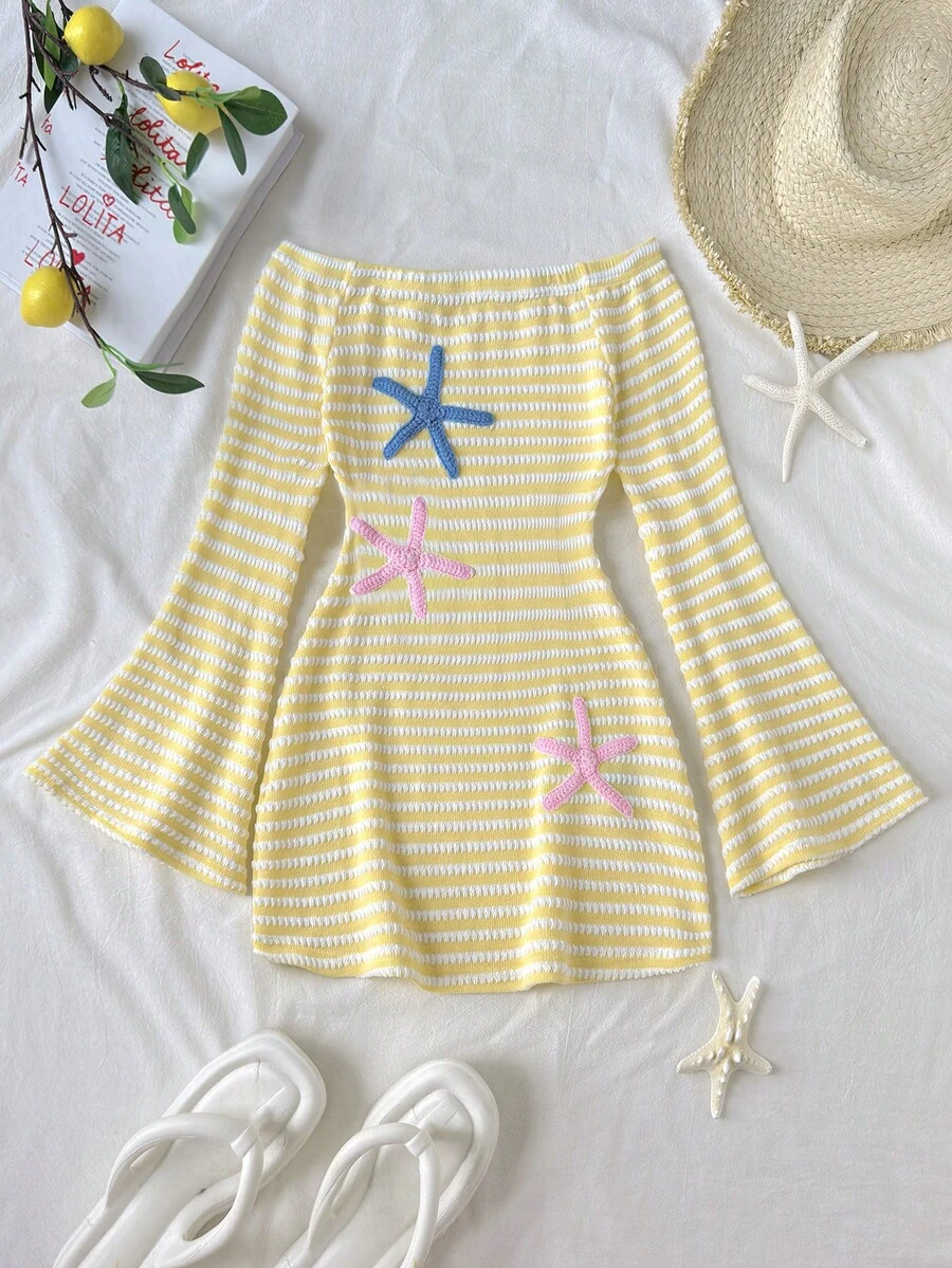 SHEIN 少女星魚圖案條紋露肩罩衫洋裝 - 黃色 - 查看 1