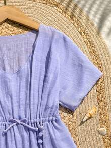 SHEIN 青少年女孩度假休閒抽繩腰外罩衫 - 淡紫色 - 查看 3