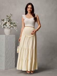 Momance Off-White Maternity Skirt, High Waist Belly Support Design, Multi-Layer Ruffle Patchwork, Flowy Chiffon Material, Loose Cake Hem,  Fall, Baby Shower - Apricot - View 6
