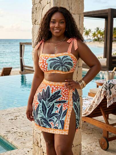 Swim Lushoire Conjunto de 3 piezas talla grande para mujer: Camiseta de tirantes con estampado de lunares y palmeras, braga triangular y falda pareo