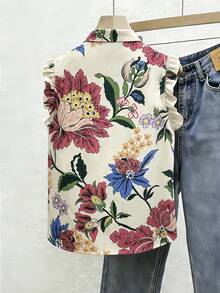 SHEIN Franclia Women's Floral Pattern Frill Trim Single-Breasted Shirt, Suitable For Summer, Spring, Easter, Festivals, Parties, Beach Weddings, Graduations - Multicolor - View 2