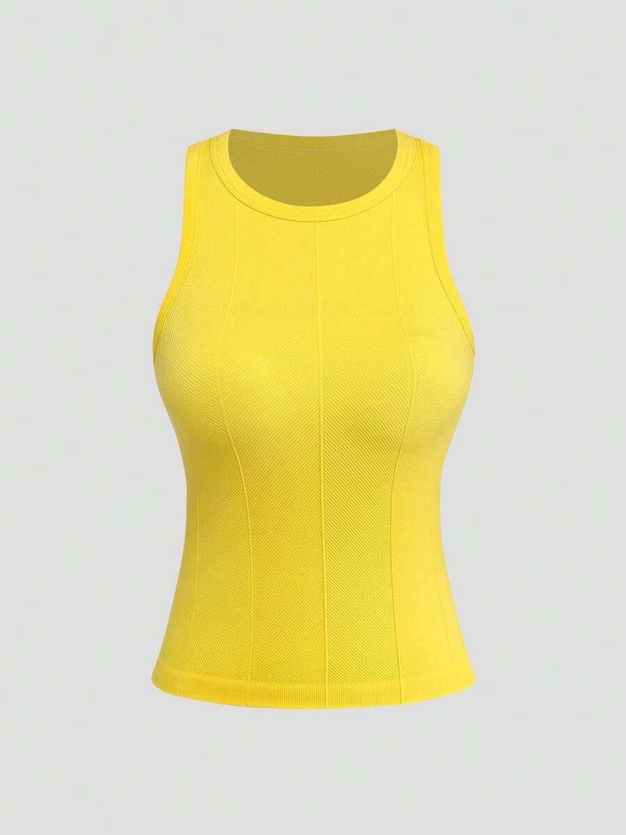 Sweetra Women's Seamless High Neck Workout Tank Top, Tight Casual Sports Yoga Fitness T-Shirt For Yoga And Gym Training - Yellow - View 1