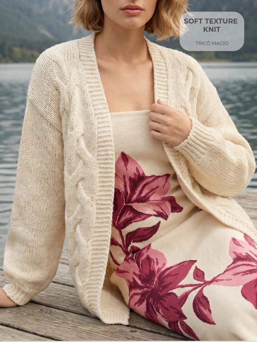CAJUNI Elegante lässige Damen Strick-Cardigan in Unifarbe, geeignet für den Urlaub - Creme - Übersicht 1