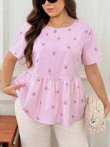 SHEIN LUNE Damen Große Größen Weiß Kurzarm Lässig Fairycore Süß Kawaii Hemd Geburtstag Business Urlaub Brunch Abendessen Büro Sommer - Pink - Übersicht 2