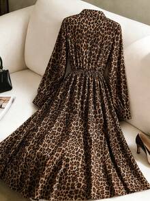 Elenzga Plus Size Women's Summer Elegant Casual Vintage Leopard Print Lapel Long Sleeve Elastic Waist Long Brown Casual Dress - Brown - View 2