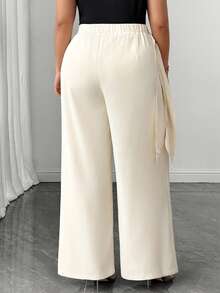 SHEIN Clasi Plus Size Lace-Up Straight Leg Casual Business Solid Color Elegant Women's Trousers Fall - Apricot - View 2