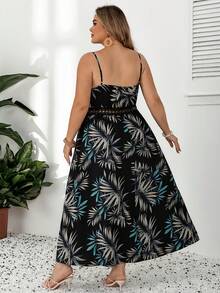 SHEIN CURVE+ Plus Size Women's Summer Beach Vacation Tropical Print Contrast Lace Spaghetti Strap Dress, Summer Dresses For Women - Multicolor - View 2