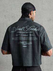 AXEPEAK Men's Summer Casual Plaid Slogan Print Shirt - Black - View 2