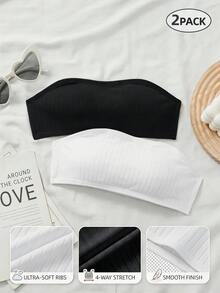 SHEIN Tween 女童黑白罗纹时尚简约舒适抹胸式抹胸上衣，2 件套 - 彩色 - 查看 3