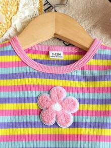 SHEIN Playful Pals 嬰兒女童休閒針織條紋花卉短袖上衣與喇叭長褲T恤套裝，舒適夏季休閒日常穿著 - 粉色 - 查看 11