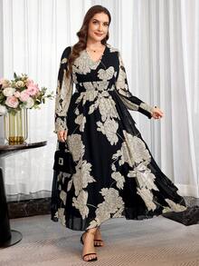 Reflora Plus Size Elegant Floral Print Dress - Black and White - View 5