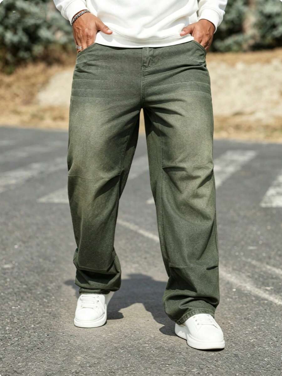 Manfinity Homme 歐美簡約色大尺碼男士口袋牛仔褲 - 軍綠色 - 查看 1