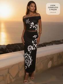 CAJUNI Women's Vacation Floral Print Off-Shoulder Cropped Top Long Skirt Slim Fit Set Night Out Black And White Summer Elegant Jamican Sexy Tropical - Black and White - View 7