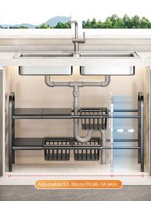 1 Juego de Estantes de Almacenamiento Retráctiles de Una y Dos Capas para Fregadero - Estante de Cesta Metálica Desmontable, Estante de Almacenamiento Multifuncional Negro Ahorrador de Espacio Adecuado para Cocina y Baño - Negro - Ver 7
