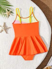 SHEIN Young Girl Color Block Spaghetti Strap One-Piece Swimsuit, Suitable For Beach Vacation, Pool Party, Beach Party - Orange - View 2
