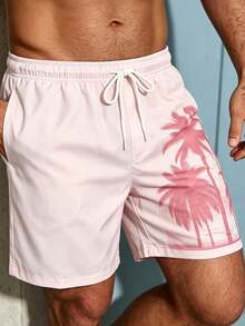 Manfinity Swimmode 加大码男士热带棕榈树印花抽绳腰侧口袋沙滩短裤，夏季 - 粉色 - 查看 5