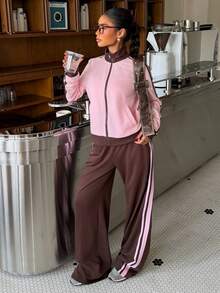 Muchica Women's Light Pink Brown Striped Jacket And Trousers Preppy Casual Style Tracksuit Travel Autumn - Multicolor - View 5
