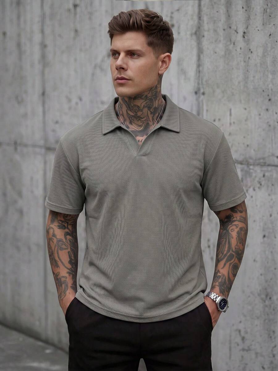 Manfinity CasualCool Men's Daily Commute Solid Color Short Sleeve Polo Shirt - Grey - View 1