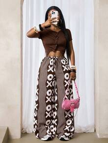 BamGleam Fashionable Casual Commuter City Break Wave Pattern Symbol Print Wide Leg Long Pants Brown Summer - Multicolor - View 5