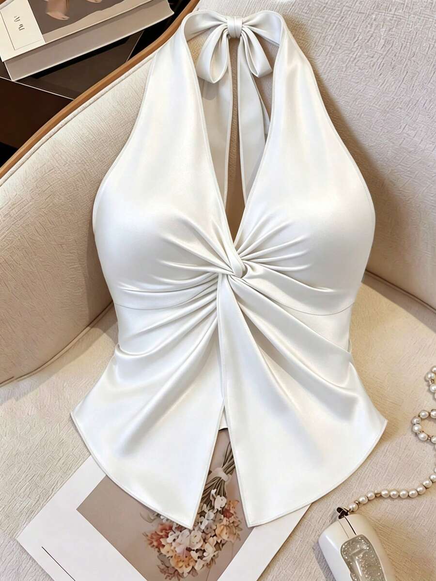 GlowEve 女士时尚吊带露背扭结不对称下摆开衩针织吊带背心，春夏款，弹性面料，适合派对、约会、晚宴、婚礼季、节日、日常休闲、通勤、假日日常穿着 - 白色 - 查看 1