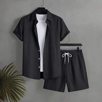 メンズ サマーバケーション 無地 テクスチャード フロントボタン 半袖シャツ ショーツ ビーチアウトフィット