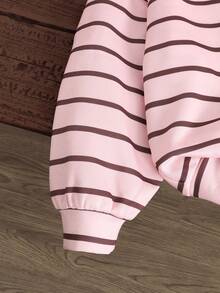 SHEIN 青少年女孩秋冬新款粉色與棕色條紋寬鬆衛衣 - 粉色 - 查看 4
