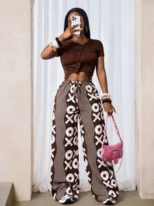 BamGleam Fashionable Casual Commuter City Break Wave Pattern Symbol Print Wide Leg Long Pants Brown Summer - Multicolor - View 4