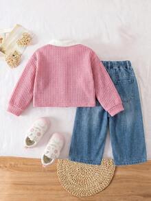 SHEIN Set Baju Atasan Lengan Panjang dan Celana Panjang Pinggang Elastis 2 in 1 Lucu untuk Bayi Perempuan - Berwarna merah muda - View 5