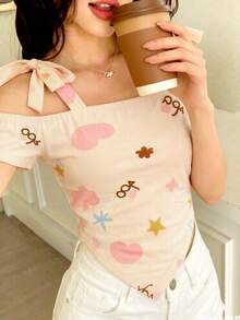 INAWLY Women's Summer Street Wear 2000s Y2k Cute Print Off-The-Shoulder Triangle Hem Top Bow Strap Everyday Vacation Daytime Knit Short-Sleeve T-Shirt Beige - Apricot - View 3