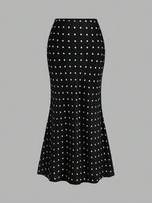 Sweetra Damen Metall-Dekor Weste und Polka-Dot-Muster Meerjungfrau-Rock Elegantes Set - Schwarz und Weiss - Übersicht 6