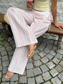 Sunnyshic Women's Spring/Summer Pink Striped Fabric Long Pants, Low Waist Side Tie Straight Leg Retro Casual Cute Vacation Beach Home Daily Versatile - Pink - View 7