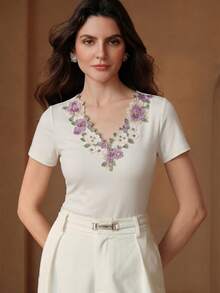 Anewsta Women's New Elegant French Romantic Floral Hollow-Out Embroidery Rhinestone V-Neck Short Sleeve Top, Summer - White - View 6