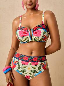 Travachic Women's Tropical Resort Style | Vintage Parrot Floral Print Wide Strap U-Notch Bikini Set - Contrast Trim Mid-Waist Two Pieces Swimwear Beachwear - Multicolor - View 6