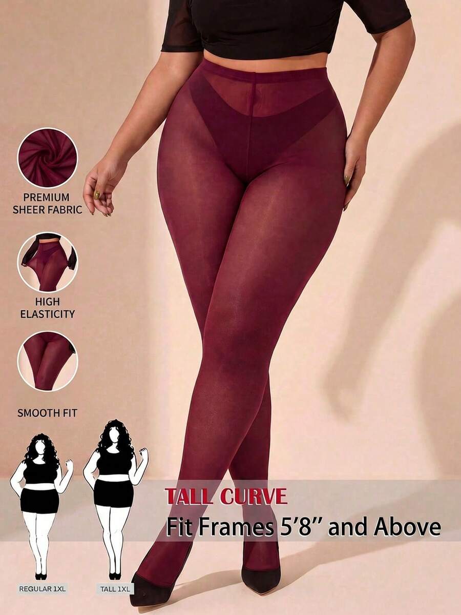 SHEIN Tall CURVE 大码女式纯色弹力腰时尚打底裤 - 酒紅色 - 查看 1