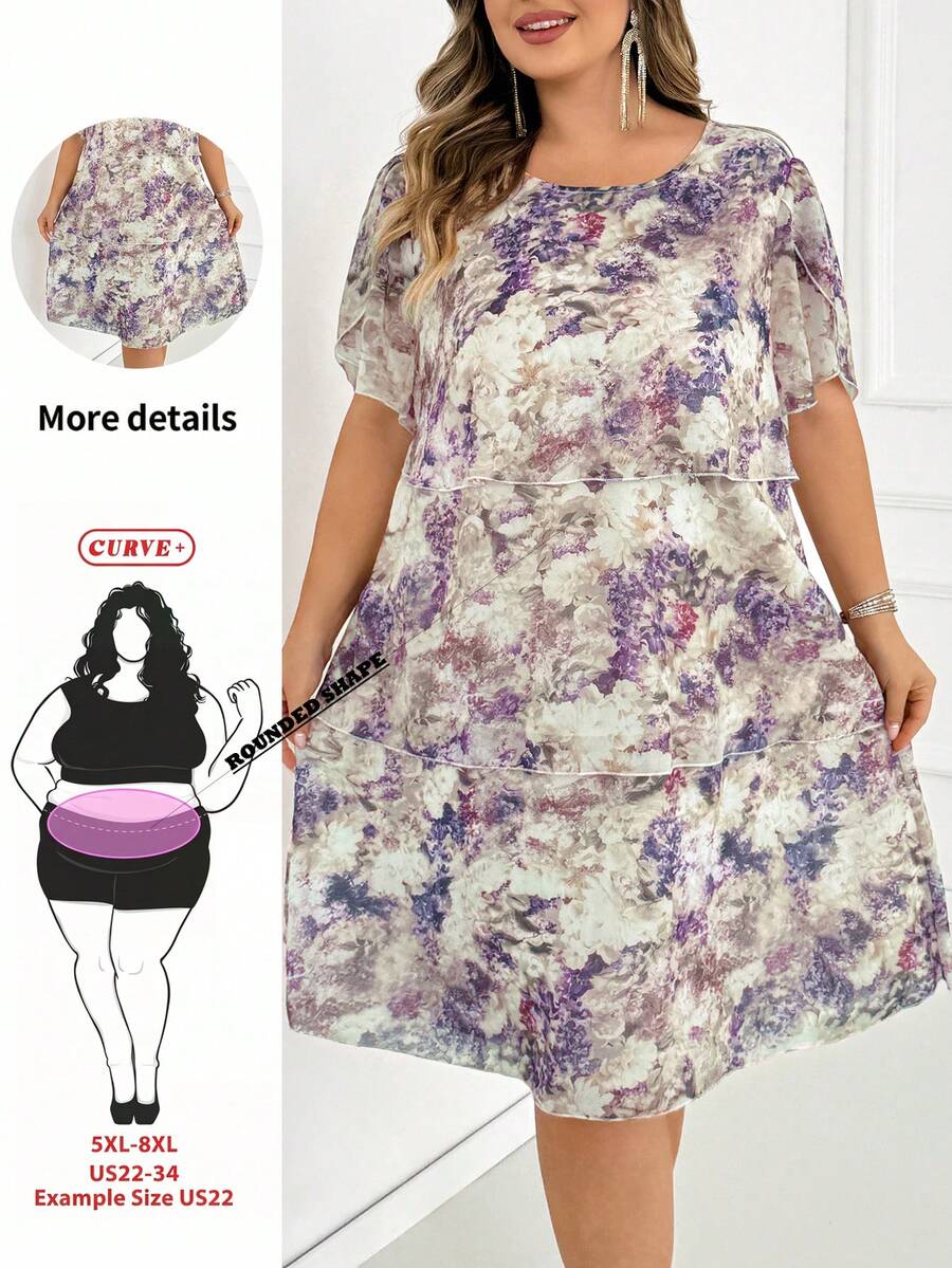 SHEIN CURVE+ 大尺碼女款花卉圖案圓領時尚洋裝,適合夏季度假 - 彩色 - 查看 1