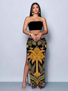 SOLERSUN Women's Solid Color Bandeau Top Plant Print Slit Design Skirt Casual Sexy Tropical Daily Set Beach Vacation Black Green Summer - Multicolor - View 6