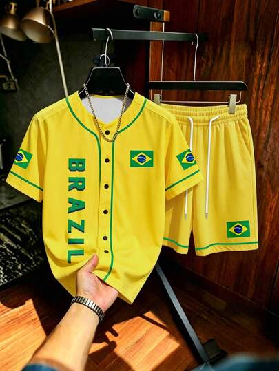 Aesthetic Post Men's Brazil Flag Print Baseball Jersey 2 Piece Set, Soccer Fan Matching Outfit, Ideal For Matches, Beach, Hangouts & Daily Wear, For Men, Teens