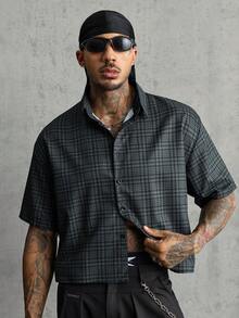 AXEPEAK Men's Summer Casual Plaid Slogan Print Shirt - Black - View 5