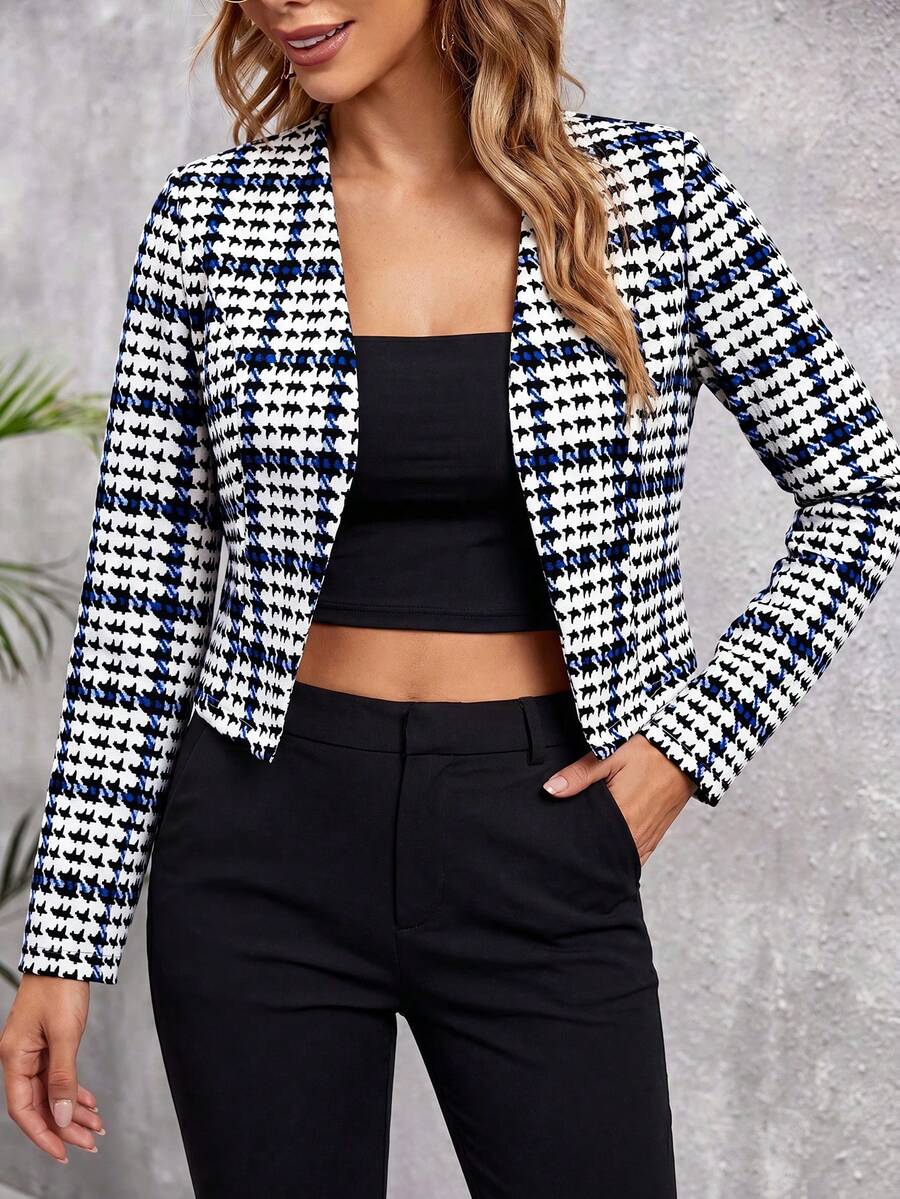 SHEIN Clasi 女款千鳥格印花長袖開襟外套 - 彩色 - 查看 1