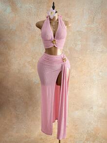 Mistrie Women's Solid Color 3D Metal Flower Decor Halter Neck V-Neck Top And Slit Bodycon Fitted Skirt 2-Piece Set Beach Party Pink Summer Sexy - Baby Pink - View 6