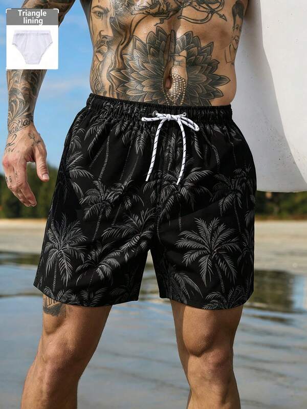 Manfinity KASUA Men's Vacation Palm Tree Print Drawstring Waist Beach Shorts, Holiday