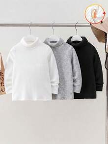 SHEIN 3pcs Young Boys' Knitted High Neck Solid Color T-Shirts, Casual & Comfortable Wardrobe For Fall - Multicolor - View 5