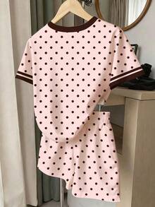 SummerOutfit 春夏秋季青少年女孩時尚創意粉色底圓點直條紋粉色拼接豹紋亮片蝴蝶結圖案印花休閒風基本款短袖T恤與短褲套裝 - 彩色 - 查看 2